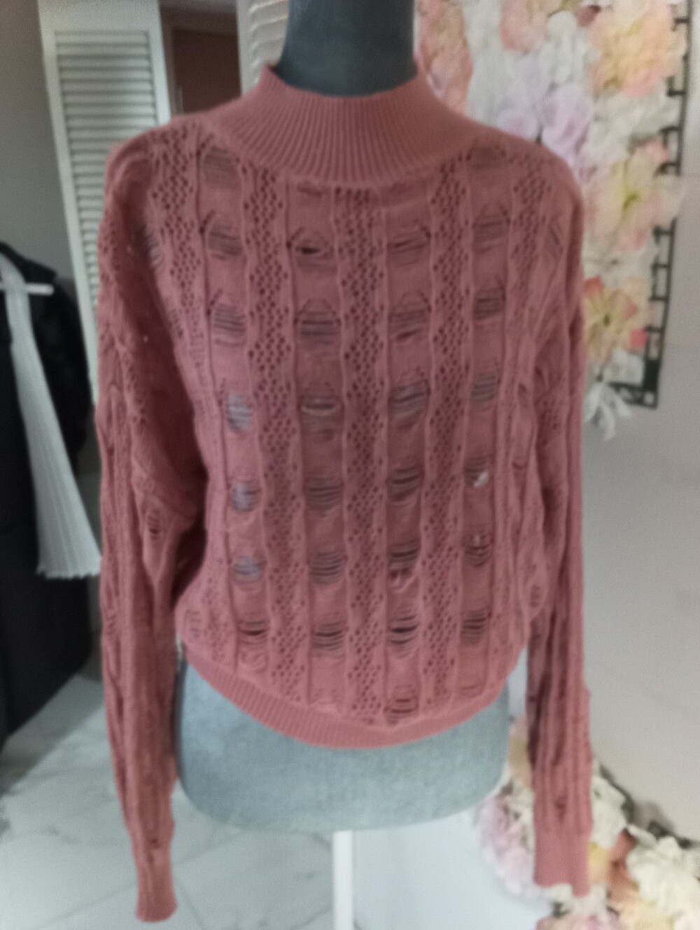 Buckle Rose Open-Knit Mock Neck Sweater